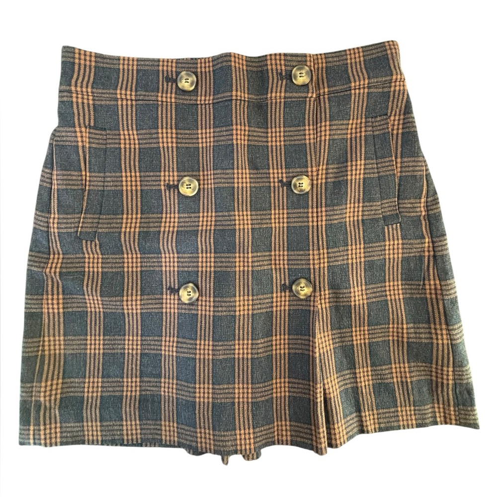 Madewell Plaid Mini Skirt in Brown/Black Double Breasted Button Detail Size M - Picture 2 of 8